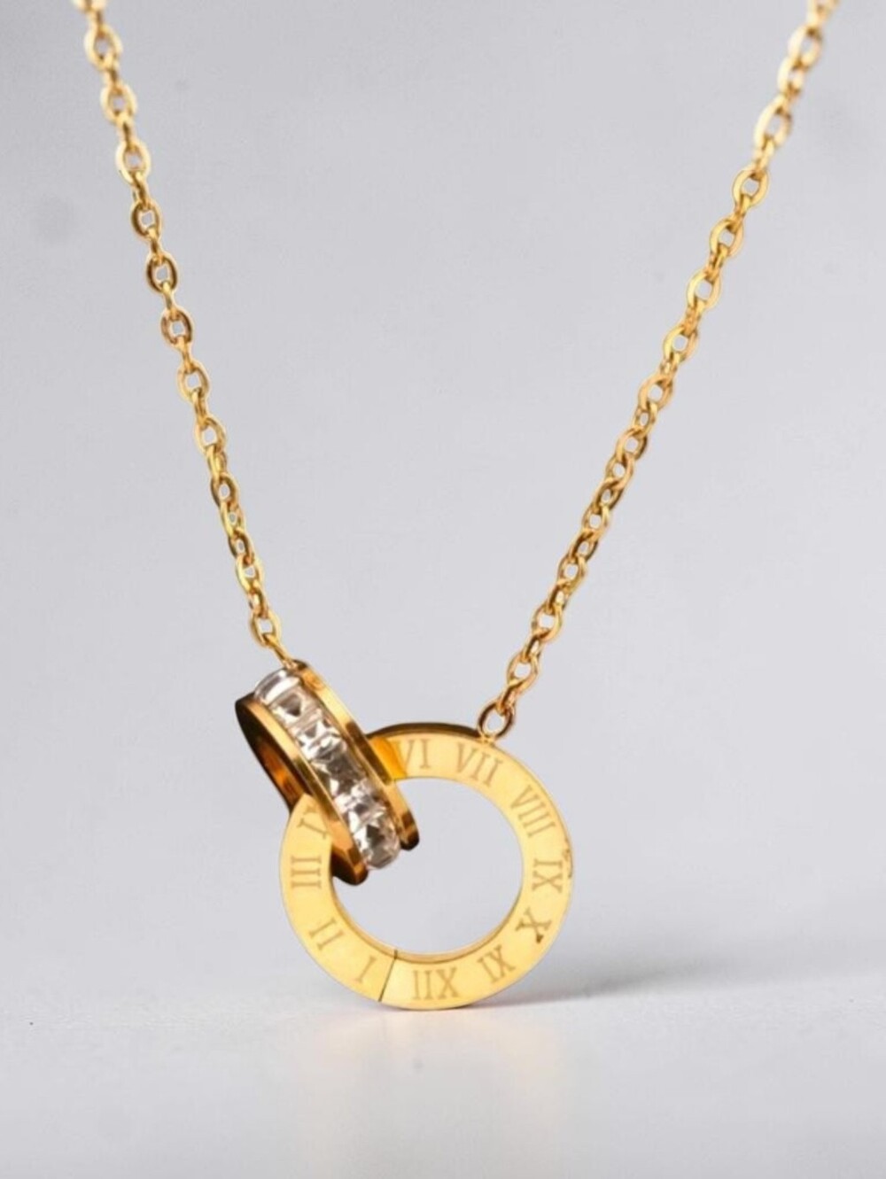 Roman Numeral Double-Circle Pendant Necklace, Cubic Zirconia
